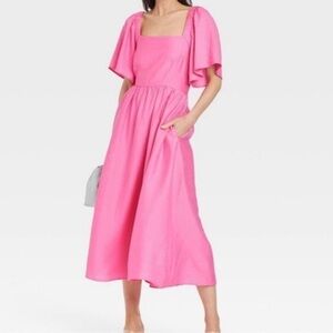 A New Day flutter sleeve tie-back midi dress  | Size L  | Pink